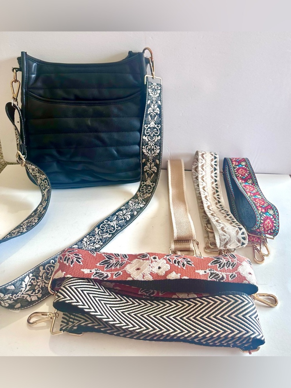 Ah dorned Black Vegan leather crossbody W/ Different Style Straps In GUC